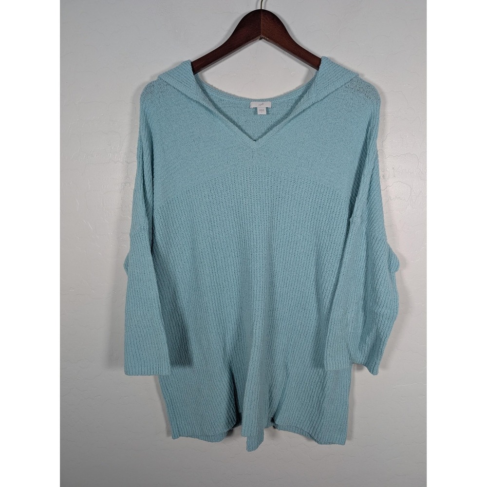 J Jill Pullover Sweater Womens Large Blue Hooded V Neck Ribbed Knit Cotton Blend